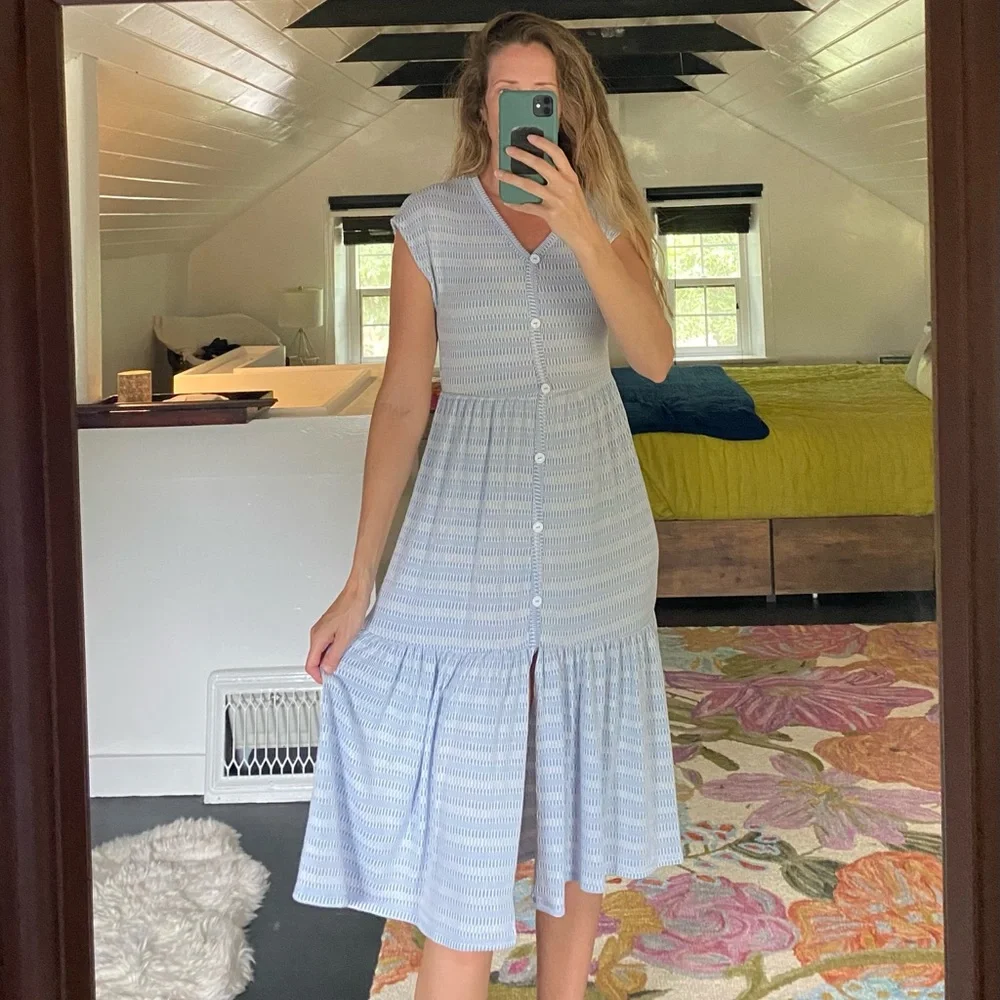 caution to the wind blue dress Caution To The Wind Blue White Vertical Striped Sleeveless Stretch Dress Size S